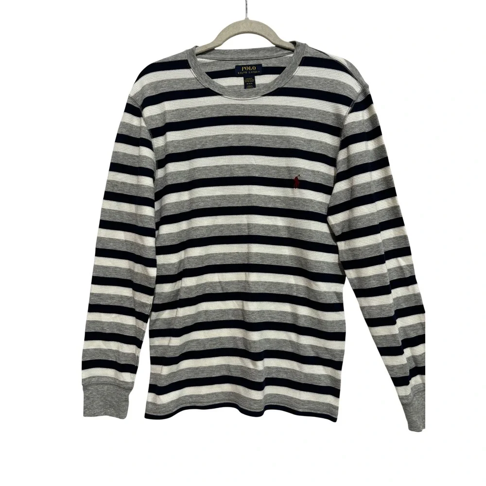 Polo Ralph Lauren Mens Thermal Shirt M Logo Striped Waffle Knit Henley Sleep Top